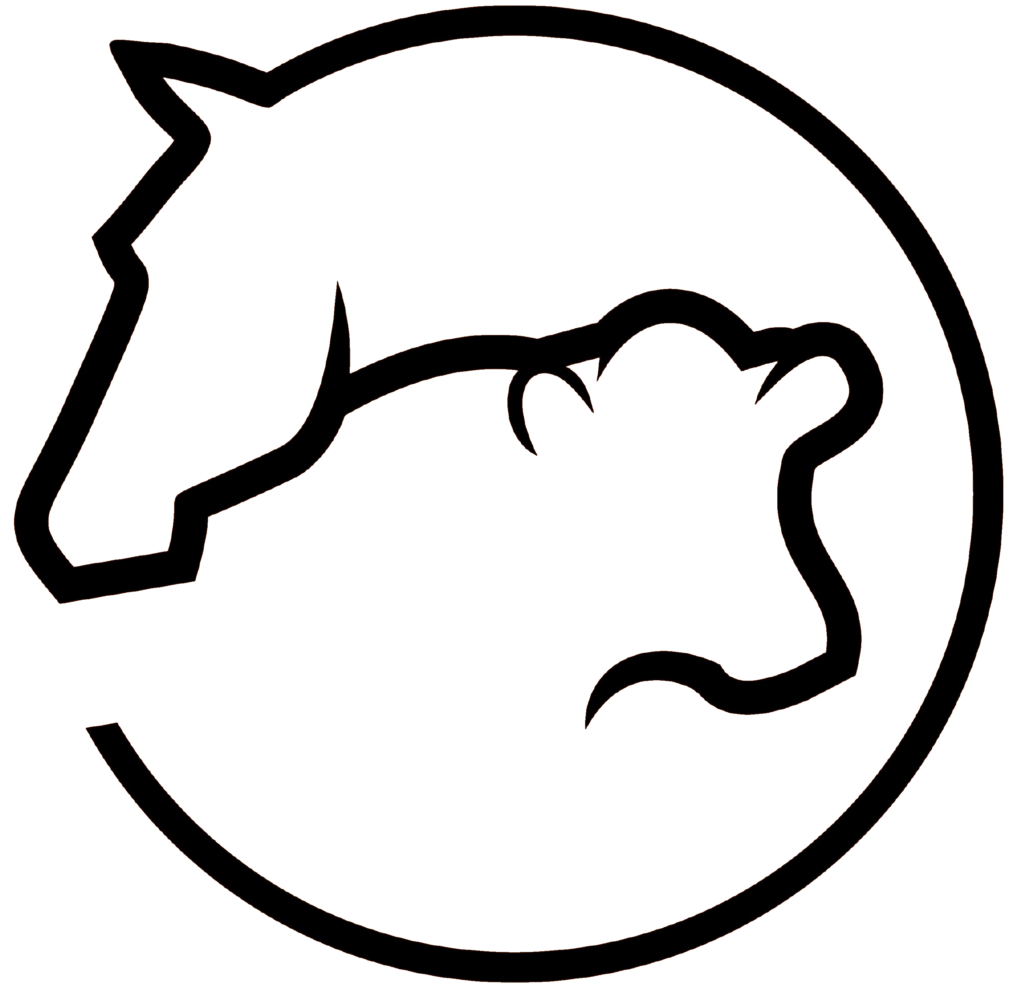 Stilisierte Kuh und ein Pferd die ineinander verschlungen dargestellt sind.