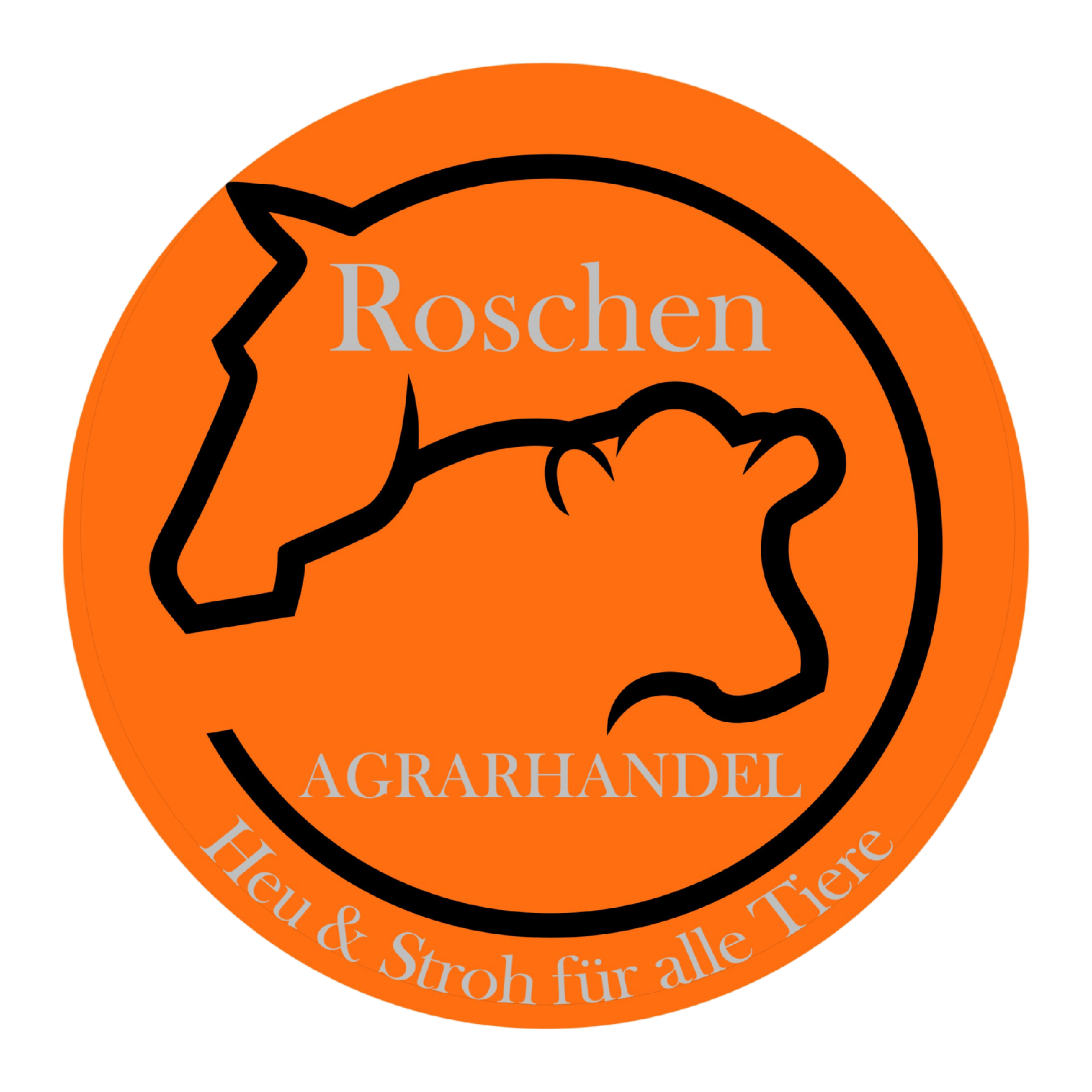 Oranges Logo von Roschen Agrarhandel zeigt eine stilisierte Kuh und ein Pferd, sowie den Schriftzug "Heu & Stroh für alle Tiere".